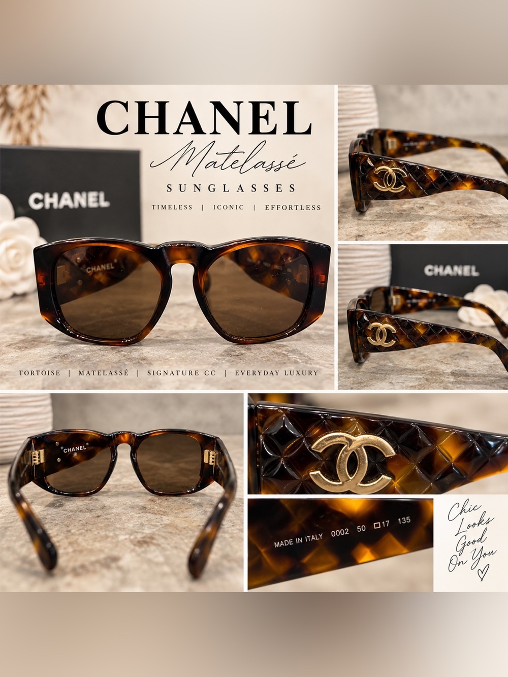 CHANEL Authentic Tortoise Sunglasses Brown